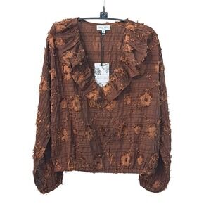 Sage + Fig Bonnie Brown Flower Blouse Ruffle V-Neck Eyelash Floral Top  M